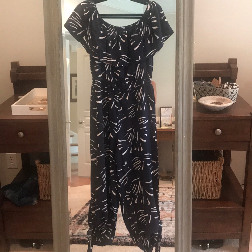 Navy jumpsuit with overlay detail